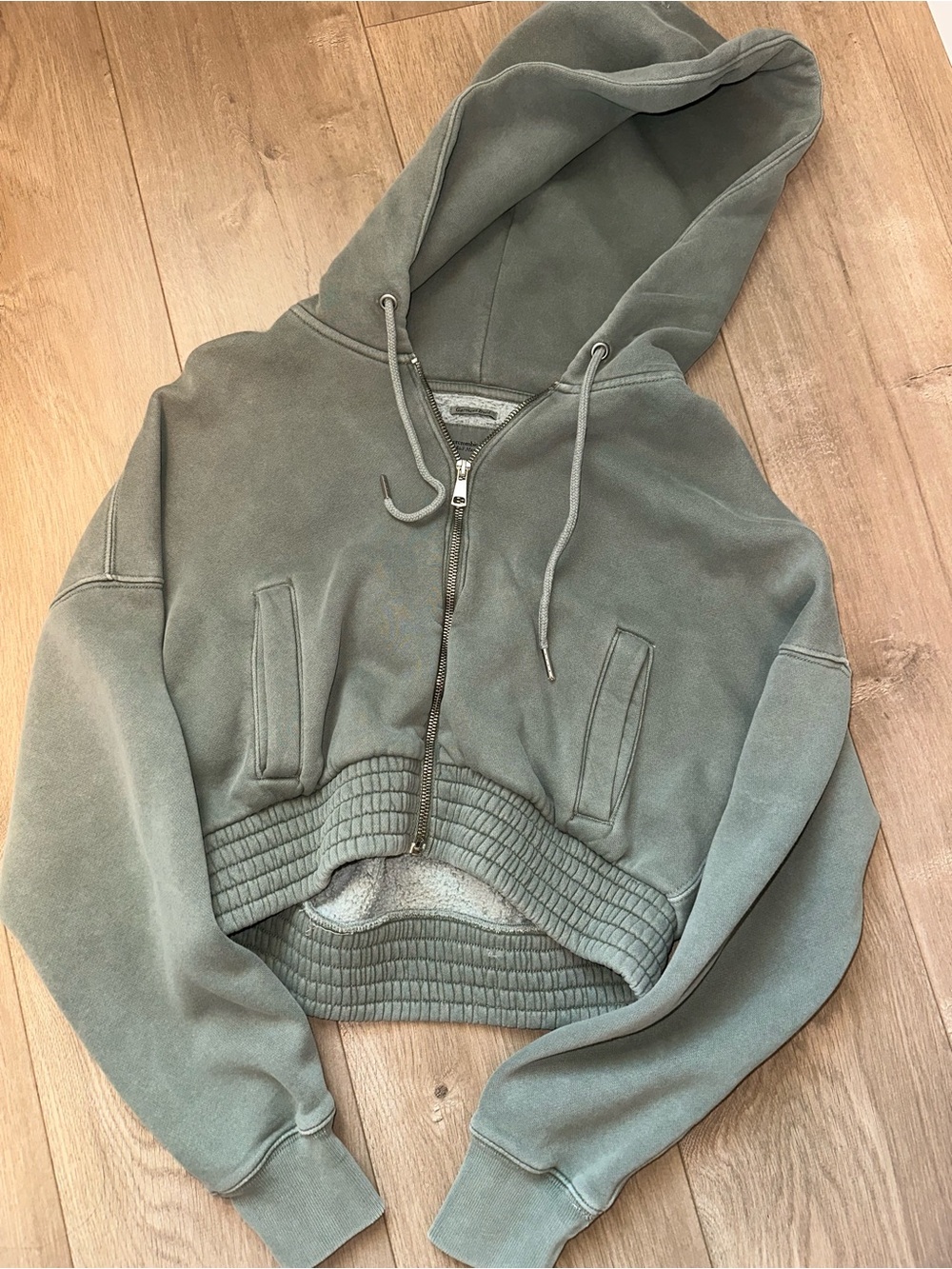 Abercrombie & Fitch Cropped Hooded Zip-Up Jacket in Sage Green